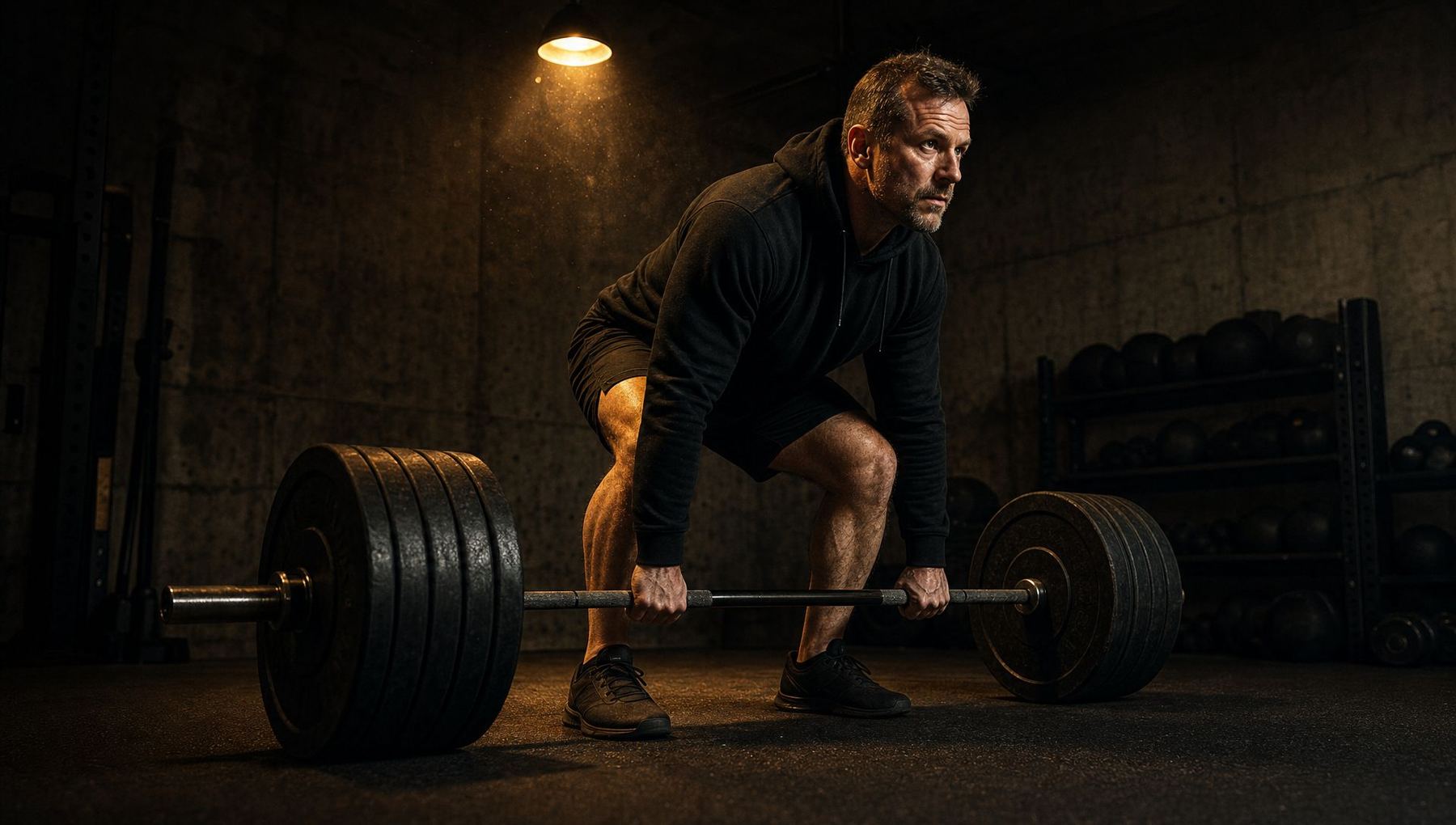 A man in a black hoodie setting up a heavy deadlift under a single gold light