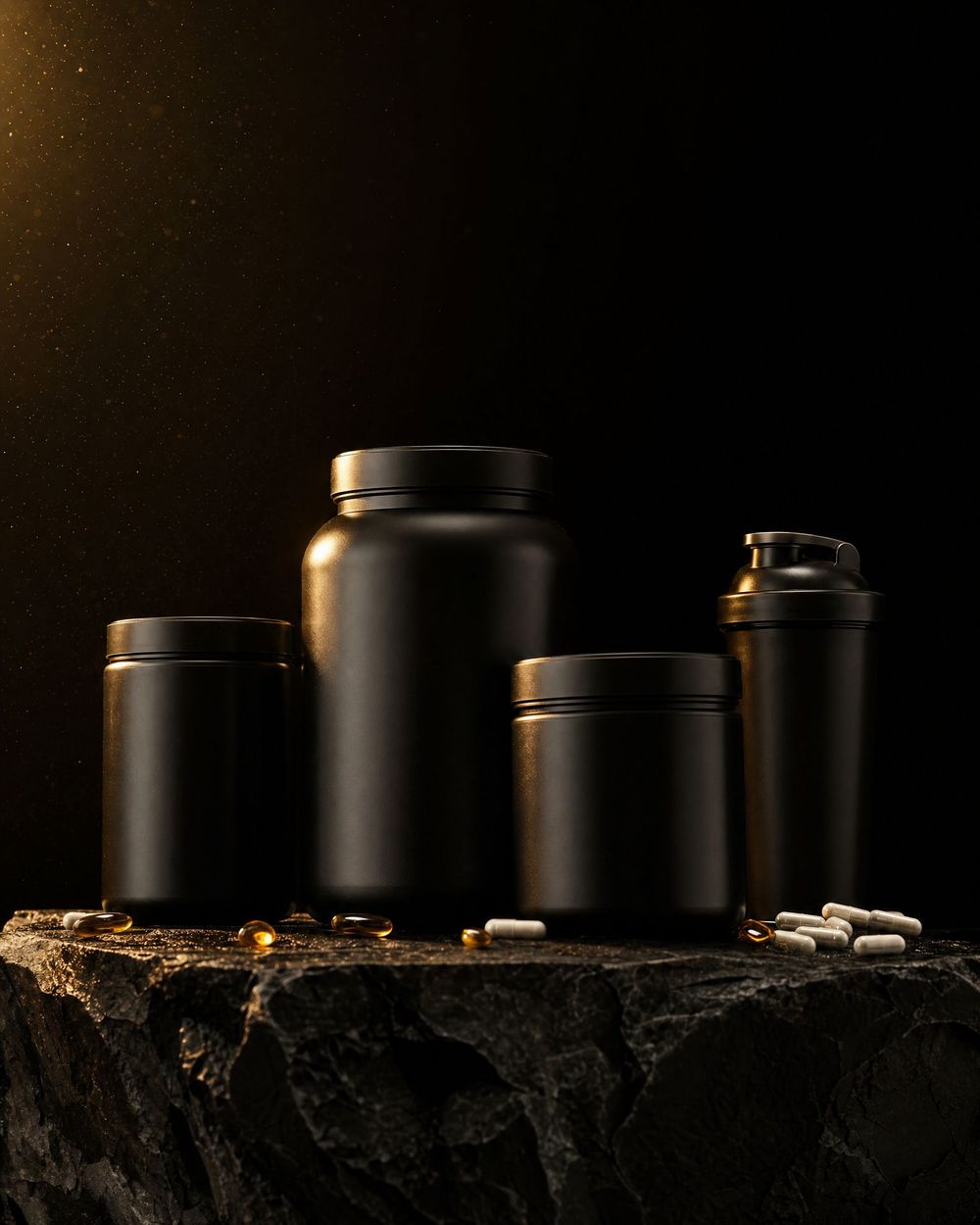 Black supplement tubs and a shaker on a granite plinth under gold light